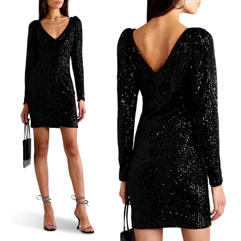 CAROLINE CONSTAS Taylor Mini Dress Black Sequin Sz Medium Bow Chic Sexy Sparkly